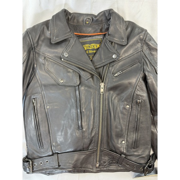 Unik Ultra Jacket Womens Medium Leather Biker‎ Motorcycle Belted Lined Pockets - Picture 1 of 15